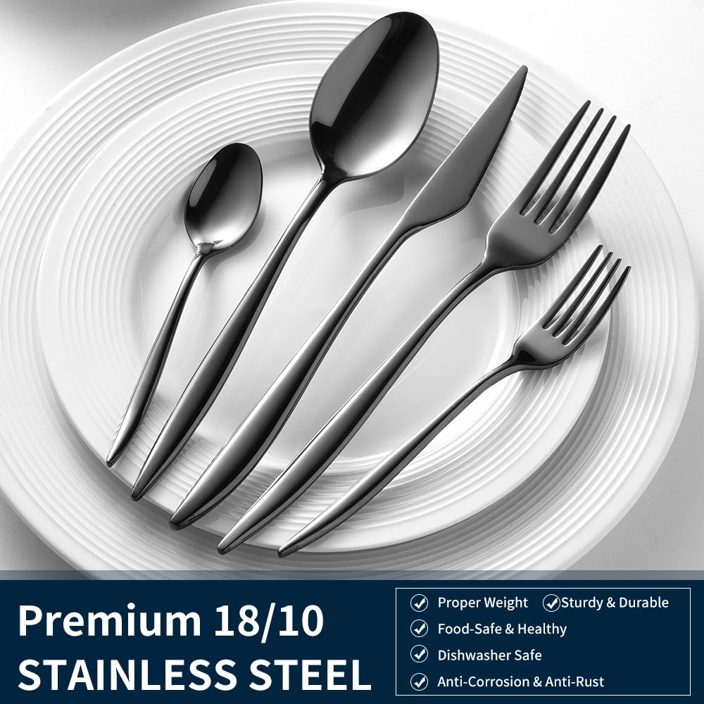 Black Silverware Set For 8, 40-Piece Everyday Flatware Set, Service For 8, Premium 18/10 Stainless Steel, Heavy Duty