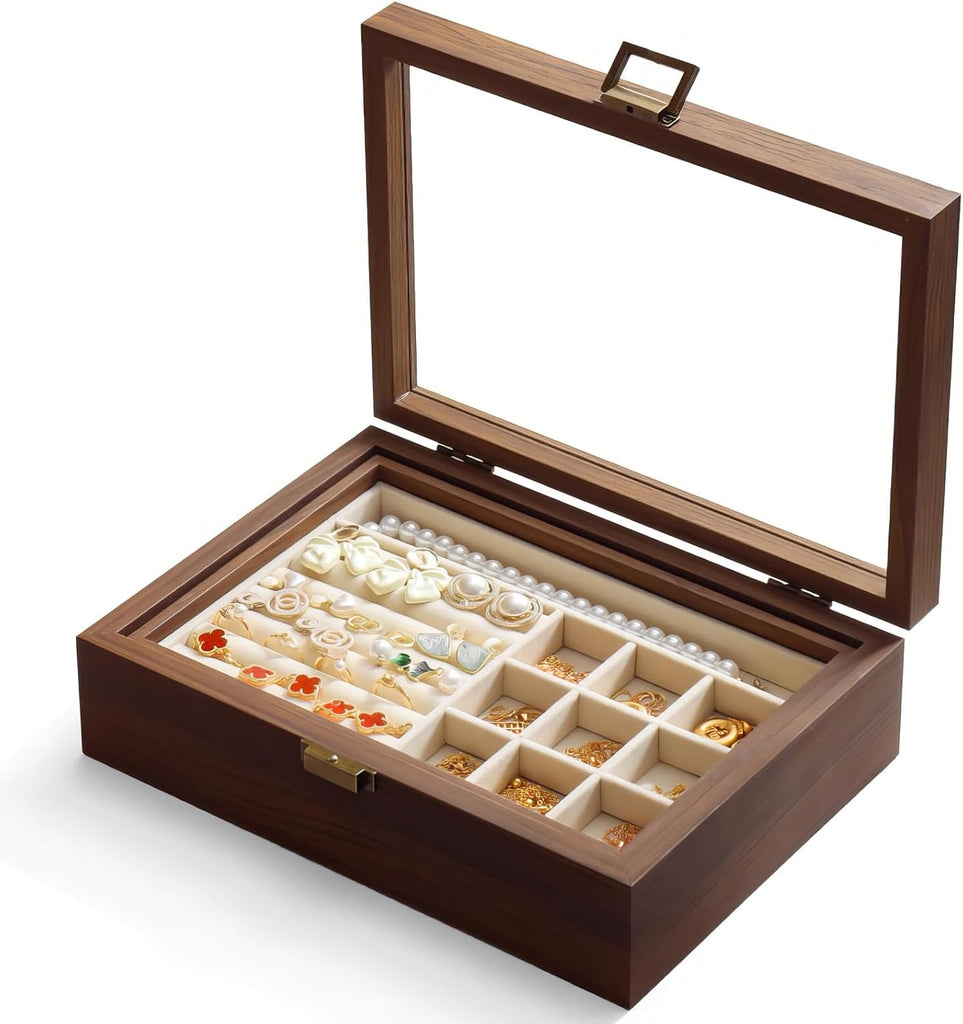 2-Layer Glass Lid Walnut Jewelry Box,Wooden Jewelry Organizer
