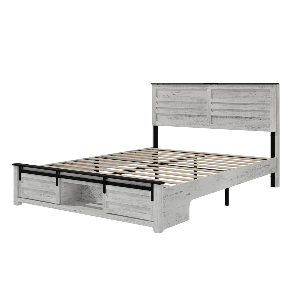 Wooden Bed Frame with Headboard, Boho Storage Bedframe with Sliding Barn Door Footboard and Charging