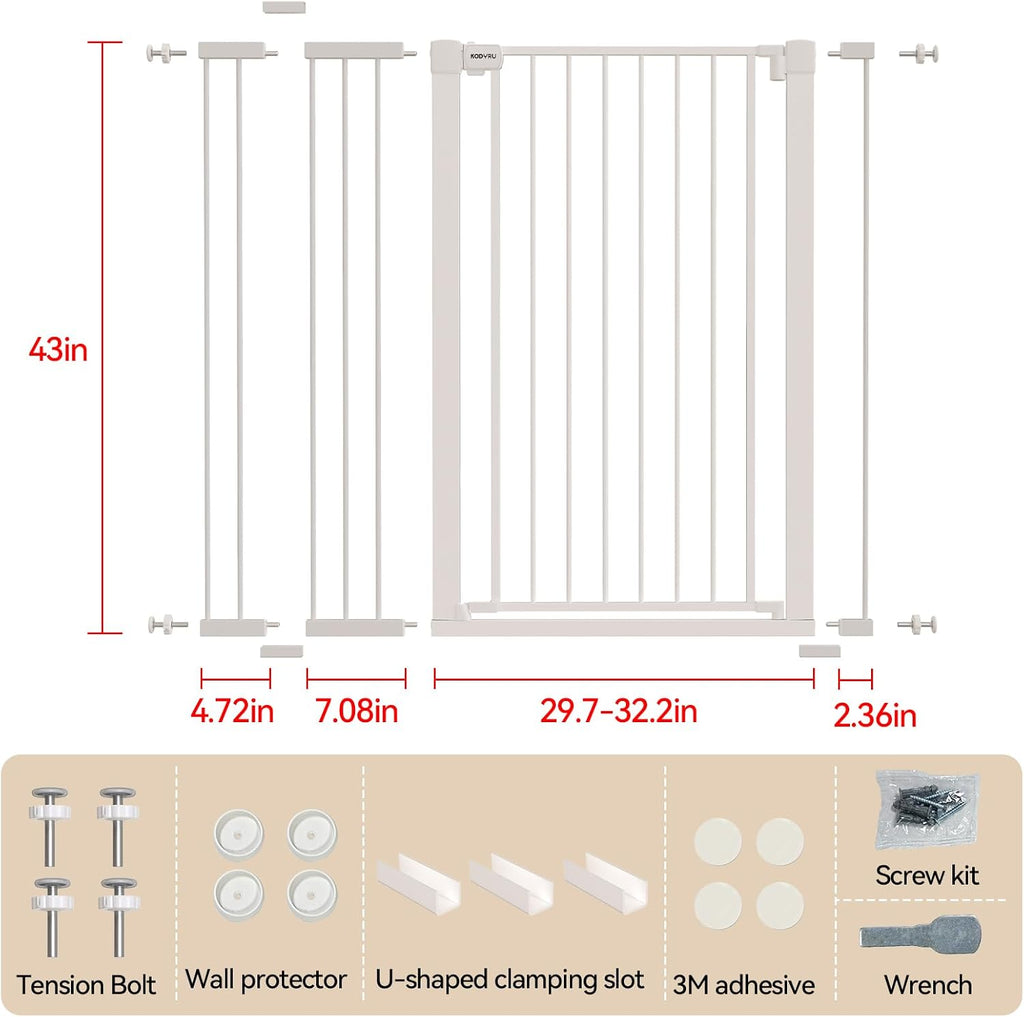 43 inch Tall Safety Dog Gate Adjustable 29.7-45.2 inch Extra-Wide Metal Pet Gate Drill-Free Pressure-Mount