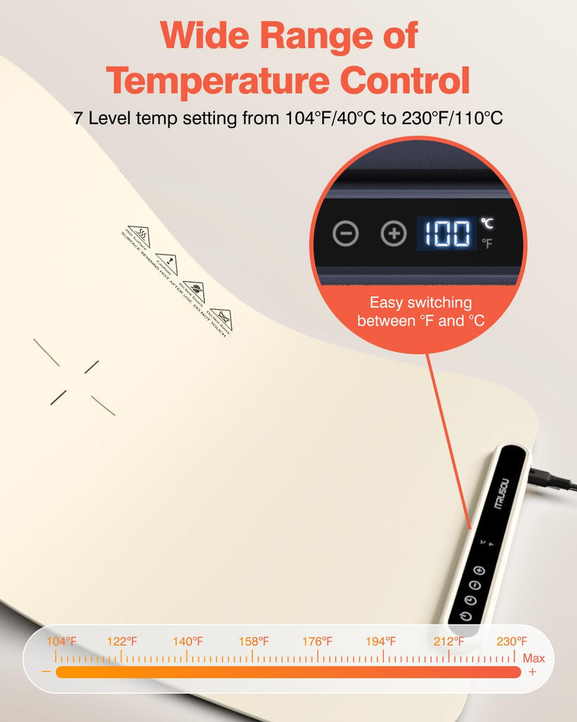 Food Warming Mat, 27.5x16'' Electric Warming Tray with 7 Temp-Settings, 1-99h Flexible Timer, Switchable °F/°C