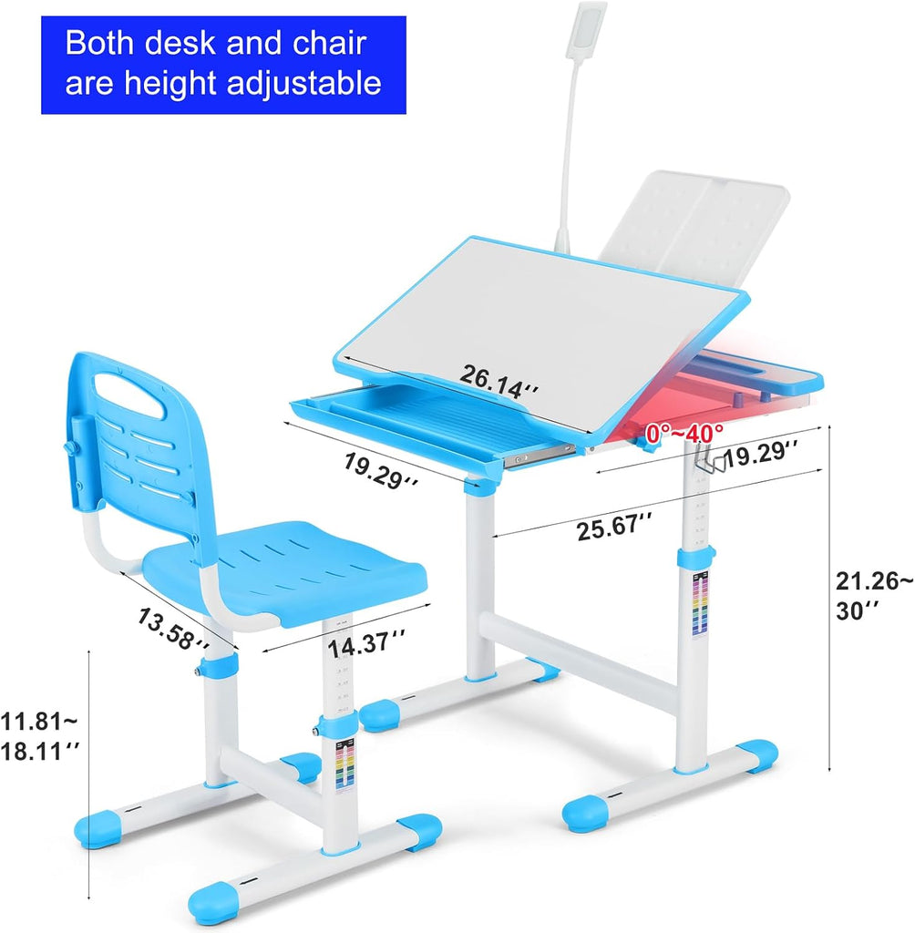 Height Adjustable Kids Desk and Chair Set with LED Light,Drawer