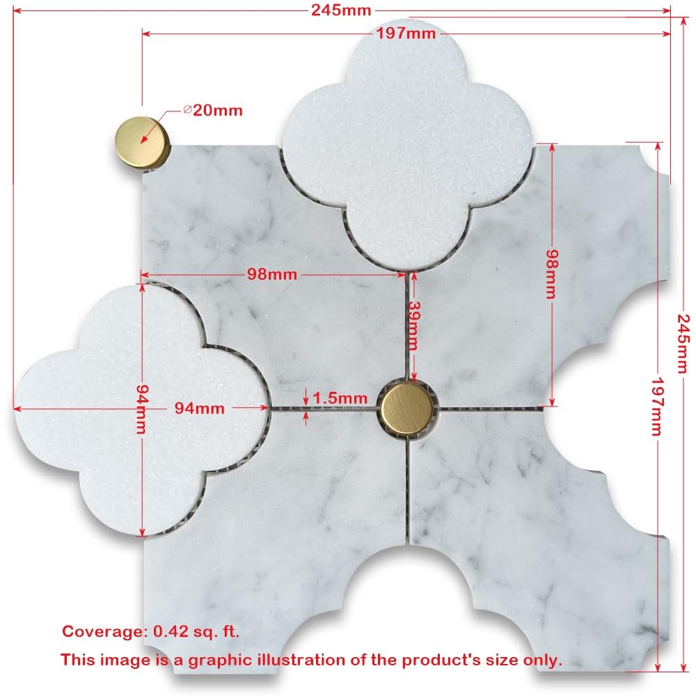 Thassos White Carrara White Marble Quatrefoil Four-Leaf Four-Lobed Clover Flower Mosaic Tile w/Brass Dots Honed
