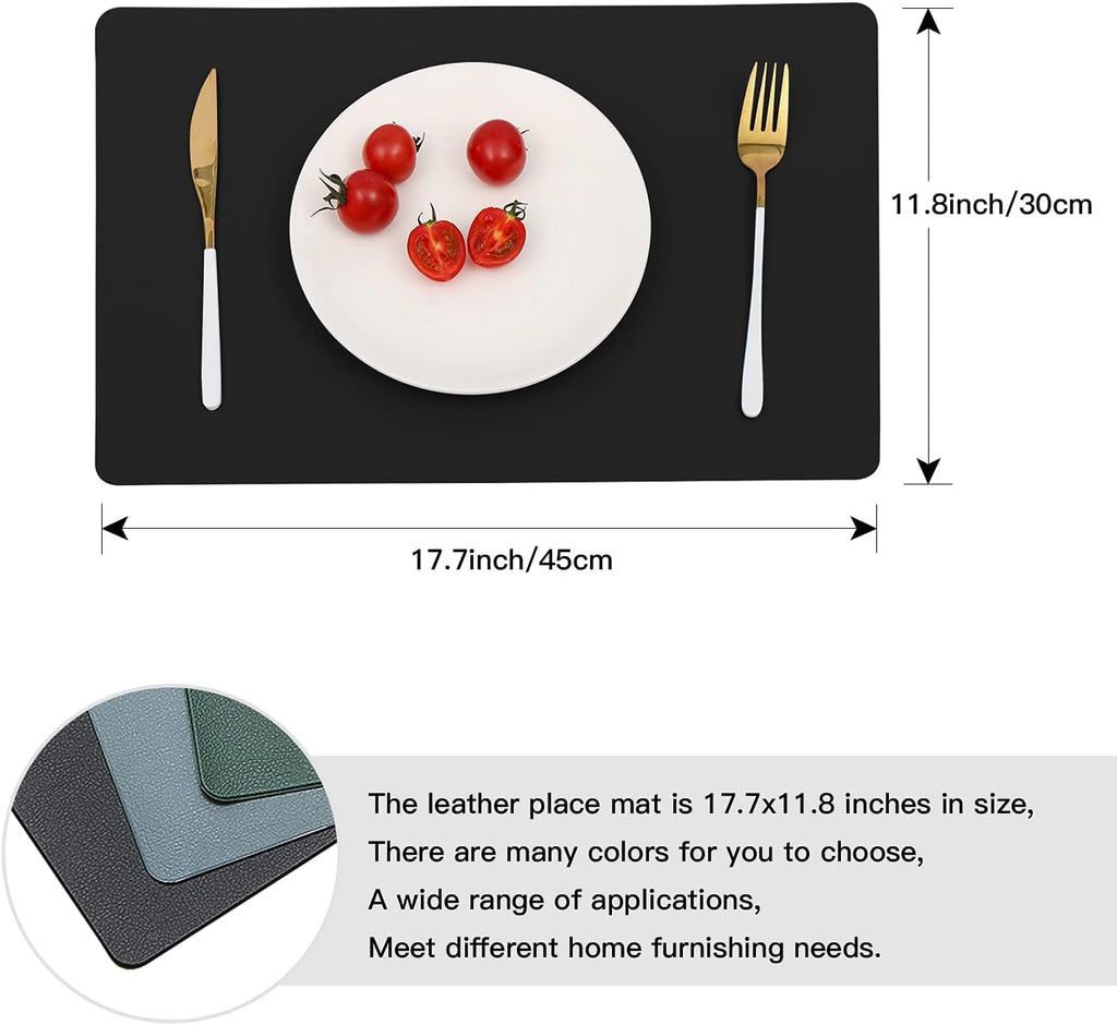 Placemats Black Leather Place Mats Waterproof Wipeable Heat Resistant Sturdy Rectangle Kitchen Dining Table - Set of 4