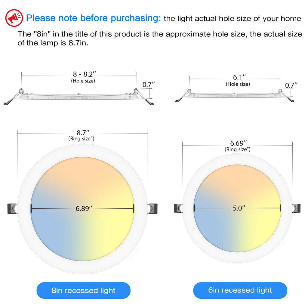8 Inch LED Recessed Lighting with Junction Box Ultra-Thin, 3000K/4500K/6000K Selectable, 8" Dimmable Canless LED