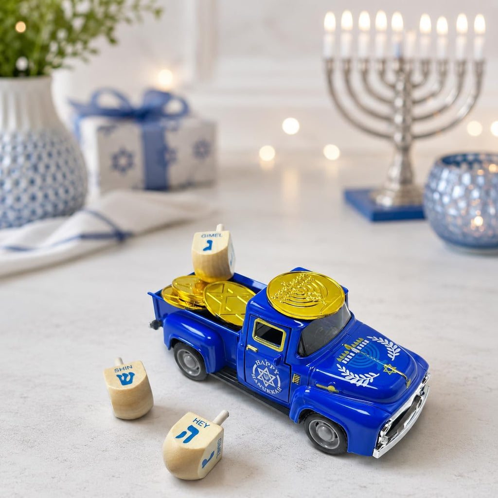 Hanukkah Truck Decor with 3 Wooden Dreidels and Gold Gelt Coins, 5.7-Inch