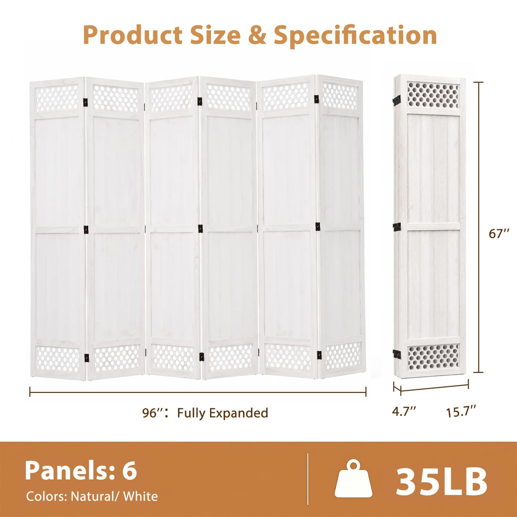 Wood Room Divider Privacy Screen, White Carved Room Divider 6 Panel 67"