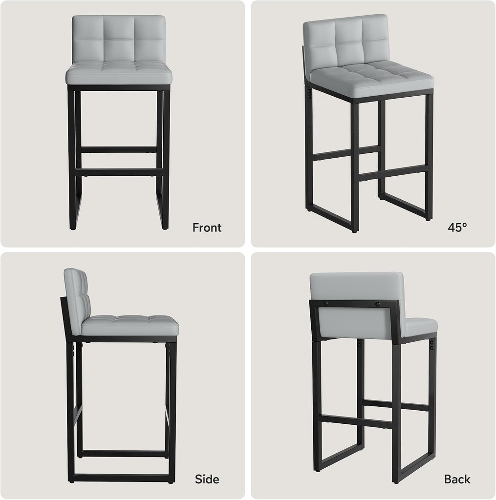 24" Bar Stools Set of 2, Modern Faux Leather Counter Height Bar Stools with Low Back and Footrest, Sturdy Thickened