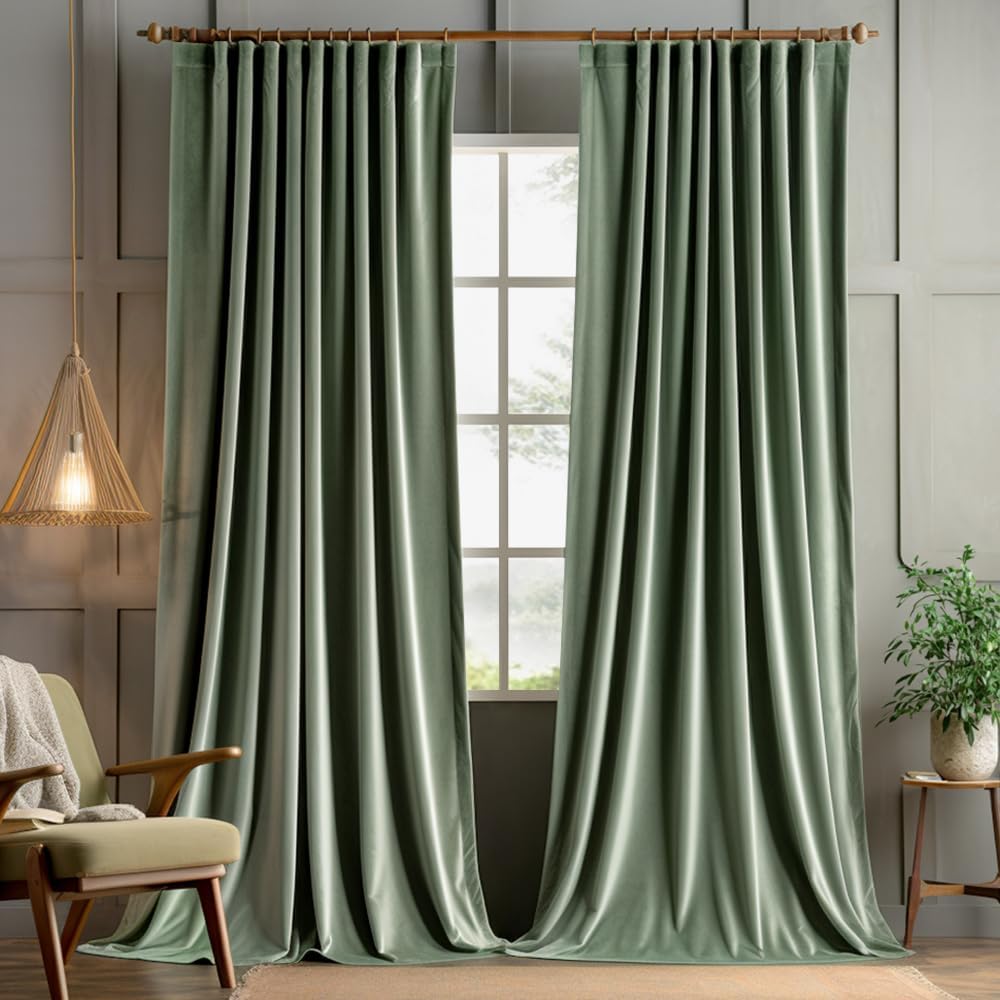 Sage Green Polyester Curtains 96 inches 2 Panels - Pinch Pleated Luxury Room Darkening Window Drapes for Bedroom