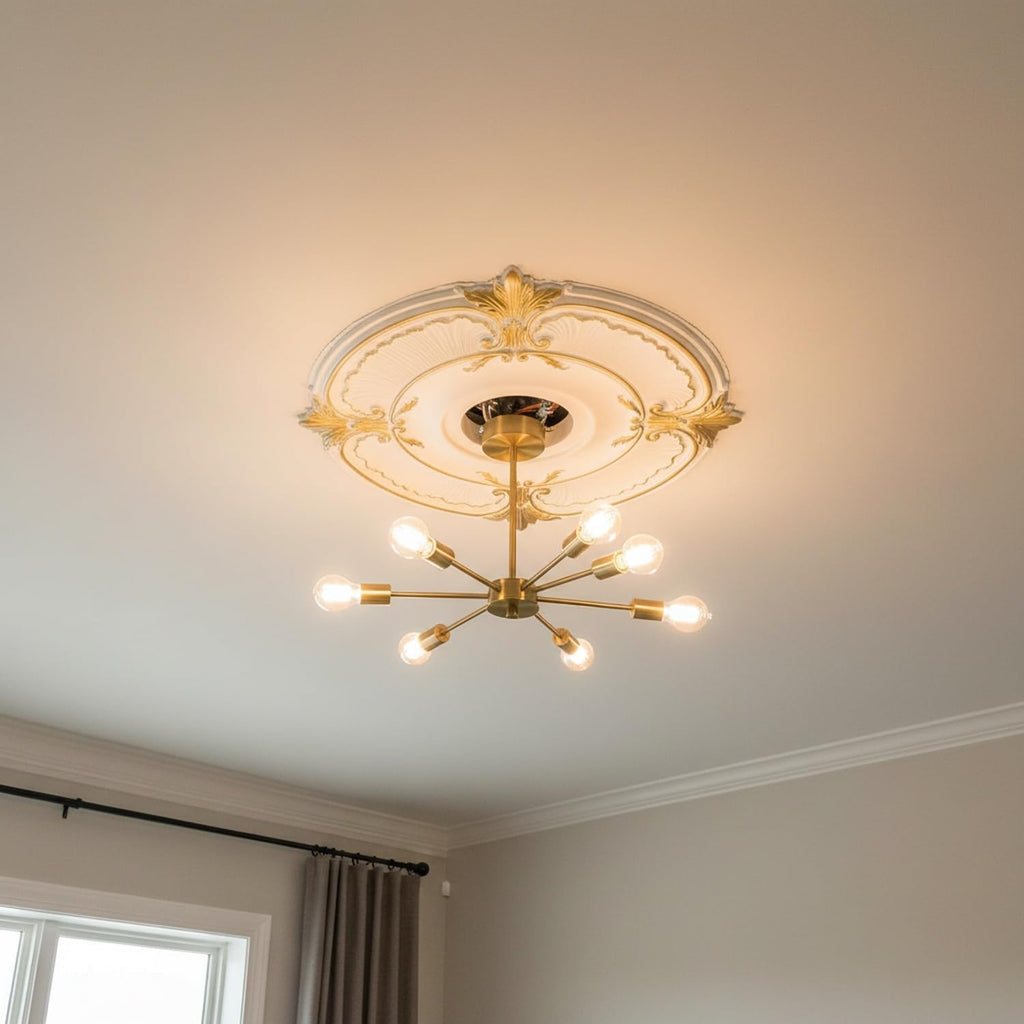 Easy Install Ceiling Medallion for Light Fixtures, Gold Polyurethane Decorative Ring Hides Gaps and Hardware (1 Piece)