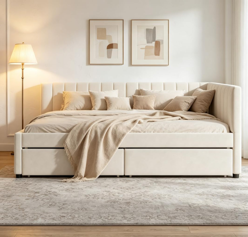 Full Corner bedframe with 2 Drawers, Upholstered daybed with Storage, L-Shape daybed Living Room, Beige + Velvet