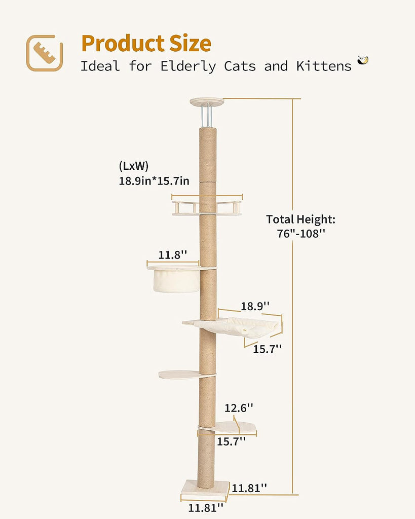 9ft Floor to Ceiling Cat Tree for Large Cats, 5'' Deep Hammock