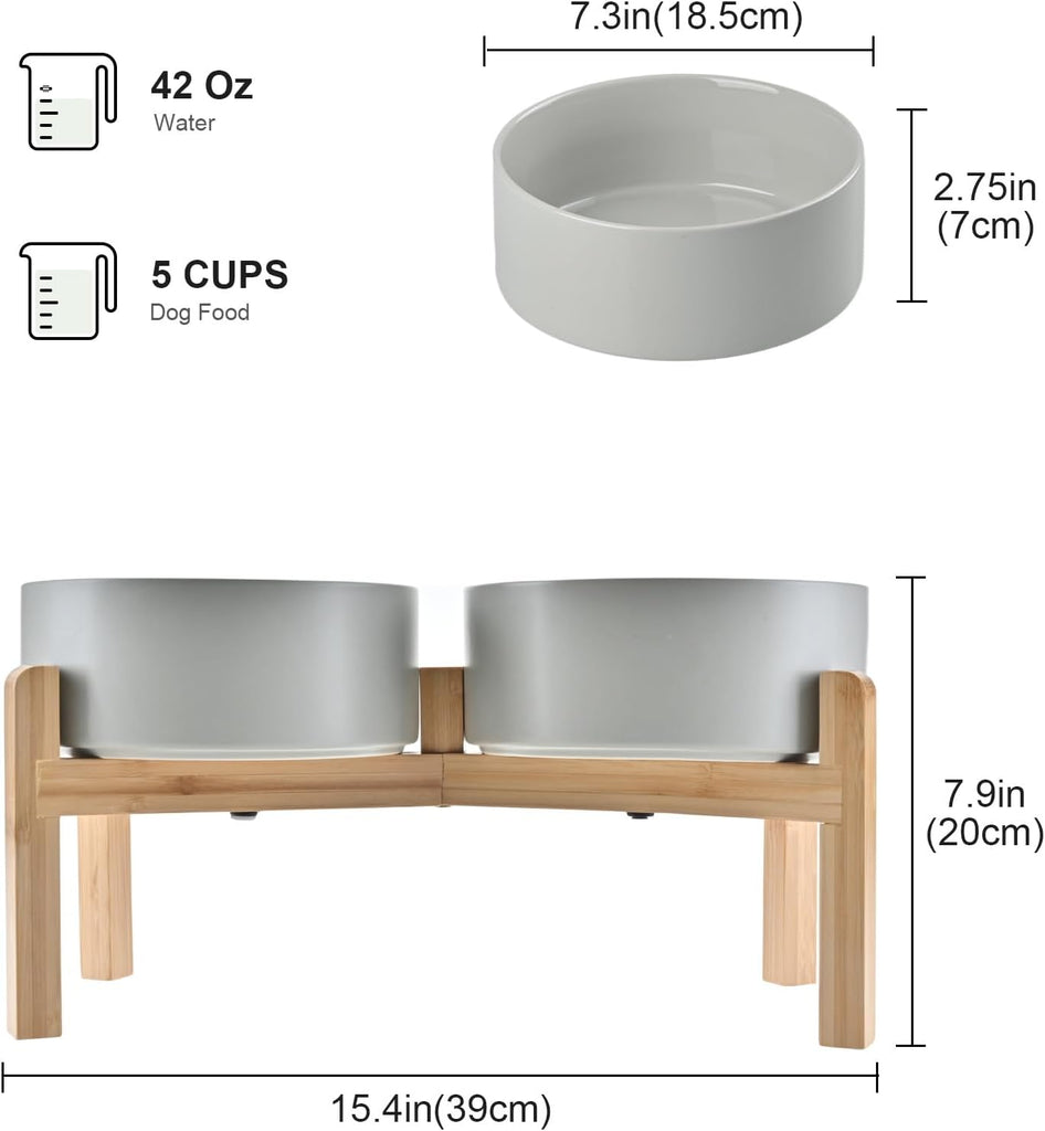 Elevated Dog Bowls Ceramic, 7.3'' Dogs Food Water Bowls Raised with Non-Slip Bamboo Stand for Medium to Large Sized