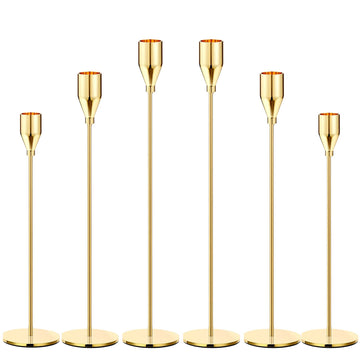 Gold Taper Candle Holders, Set of 6 Gold Candlestick Holders Taper Candle Holders fits 3/4" Thick Pillar Candle Led