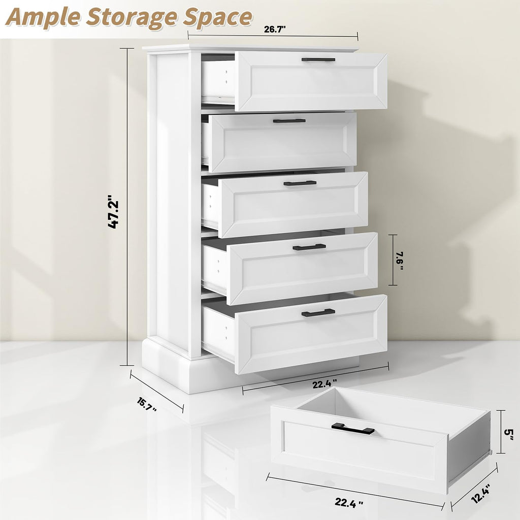 White with 5 Drawers, Vertical Storage, Wood Tall, Wooden Tall Chest of Drawers, Lingerie Chest Drawer, Modern