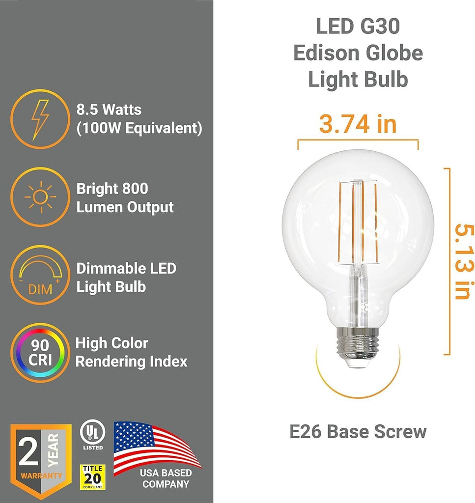 G30 LED Edison Globe Light Bulb 8.5W (100W Equivalent) 880 Lumen E26 Medium Base 2200K Amber Light Dimmable