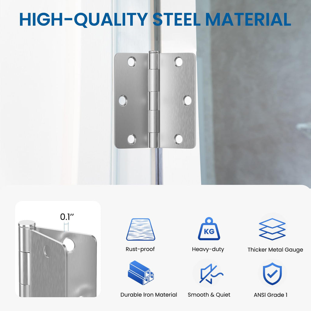 30 Pack Brushed Nickel Door Hinges 3.5 x 3.5 inch Interior Door Hinge with 1/4" Radius 3-1/2 Satin Nickel Door Hinges