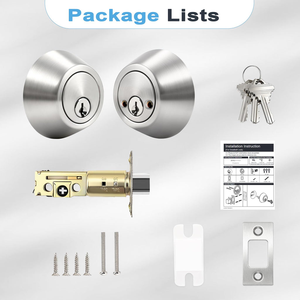1 Pack Satin Nickel Double Cylinder Deadbolt Lock Set, Keyed Two Sides Door Lock for Exterior and Interior Door