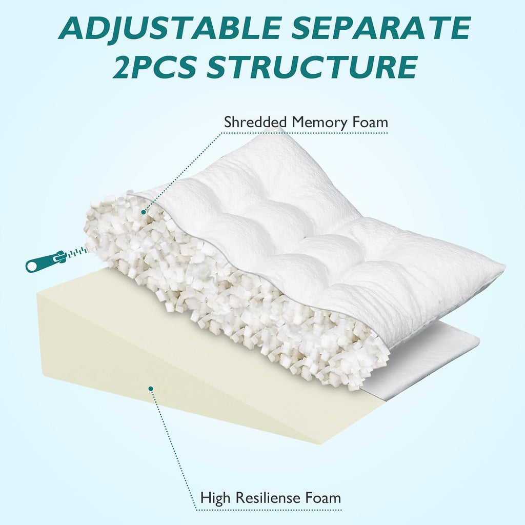 Bed Wedge Pillow for Sleep Apnea 7.5Inch Gerd Pillow Patent Dual Layer Triangle Pillow Adjustable Shredded Memory