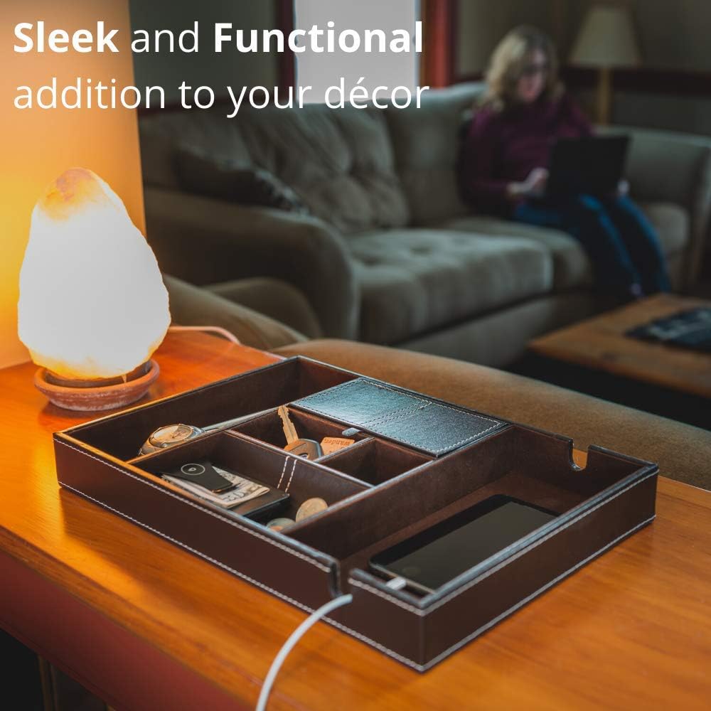 Nightstand Organizer, Valet Tray for Men and Women, EDC Tray, Dresser Top Catchall, Dark Brown Faux Leather, 6