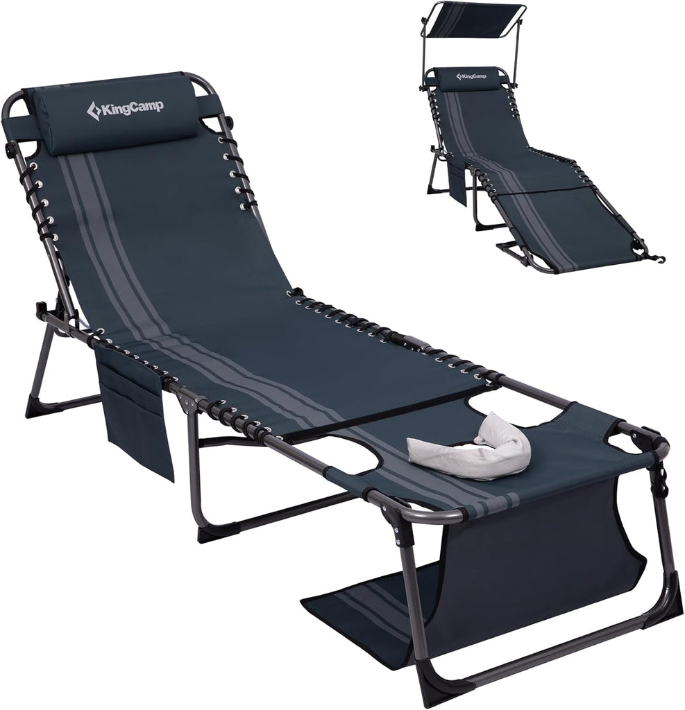 400LBS Lounge Chair with Face Hole & Canopy Shade, Blue/Grey | Folding Portable Tanning Chair with Pinch-Proof Safety