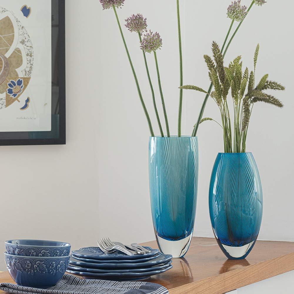Murano Style Glass Vase Hand Blown Blue Feather Pattern Effect Home Decor | Hand Blown Glass Vase, Decorative Table