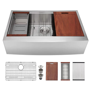 33 inch Farmhouse Kitchen Sink, Heavy Duty Single Bowl Apron Front Stainless Steel Workstation 18 Gauge, 9" Deep