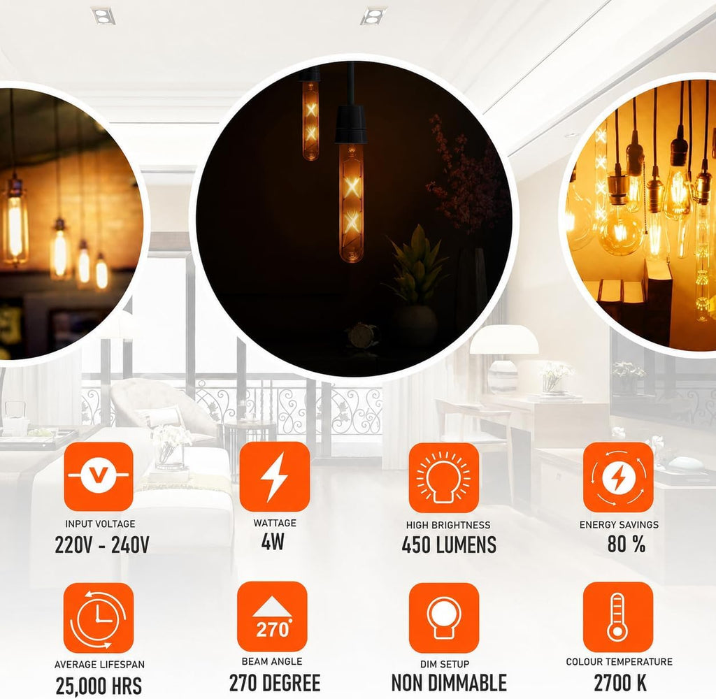T10 E26 LED Edison Bulbs 4W Dimmable 2700K Amber 40W Equivalent (Pack 2)