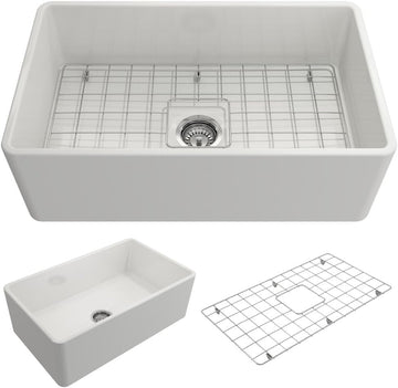Classico Farmhouse Apron Front Fireclay 30 in. Single Bowl Kitchen Sink with Protective Bottom Grid and Strainer in