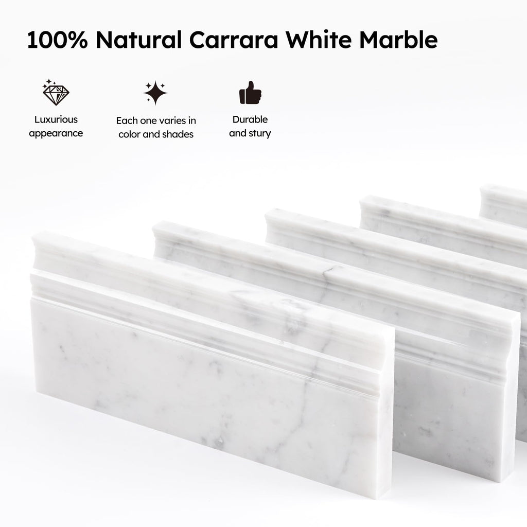 4-Pack Carrara White Marble Baseboard Trim Molding, 5 x 12 Inch Crown, Polished, Bianco Italian Carrera Marble