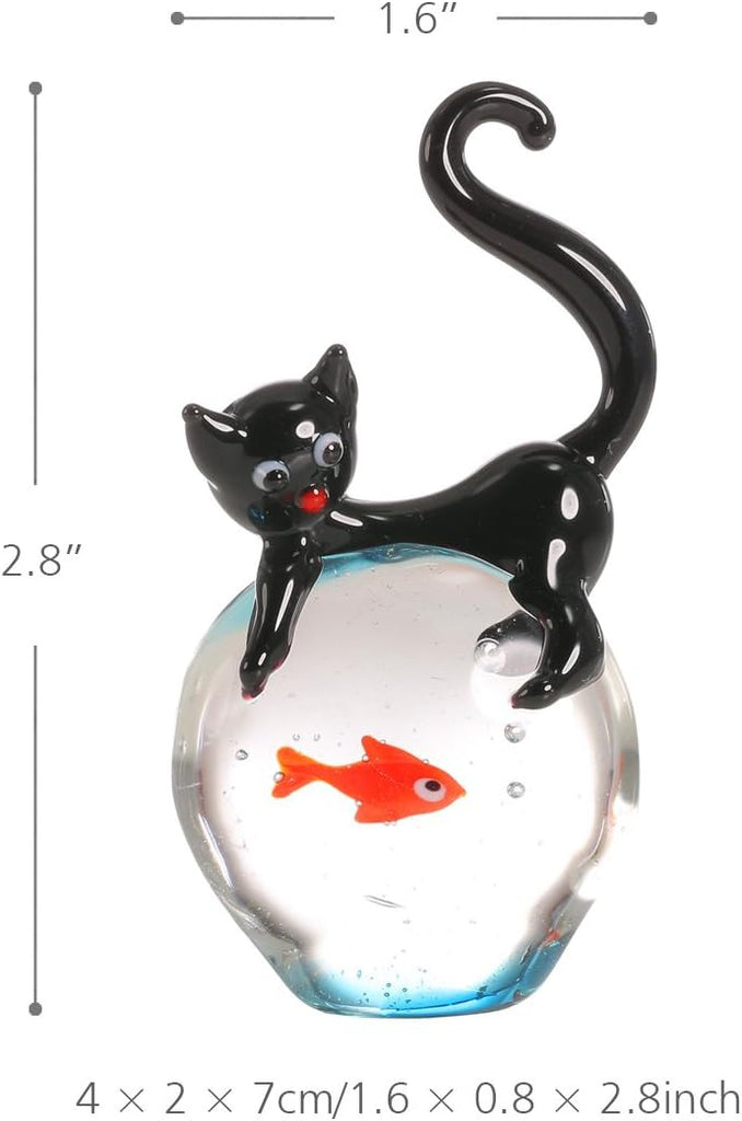Cat and Goldfish Sculpture Glass Ornament Cat Figurine Hand Blown, Christmas Birthday Gift [Black & Red]