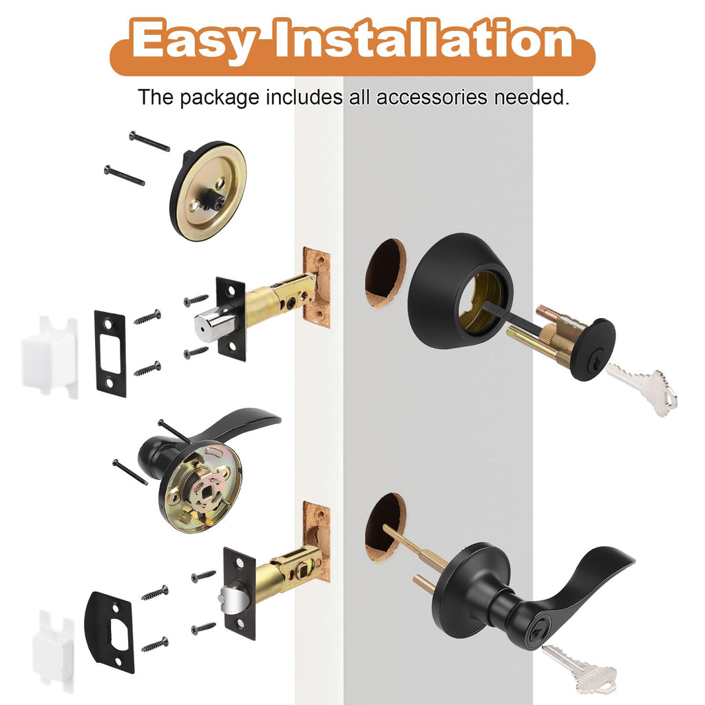 Front Door Entry Lever Lockset, Single Cylinder Deadbolt Combination Set, Flat Black Finish Keyed Alike Combo
