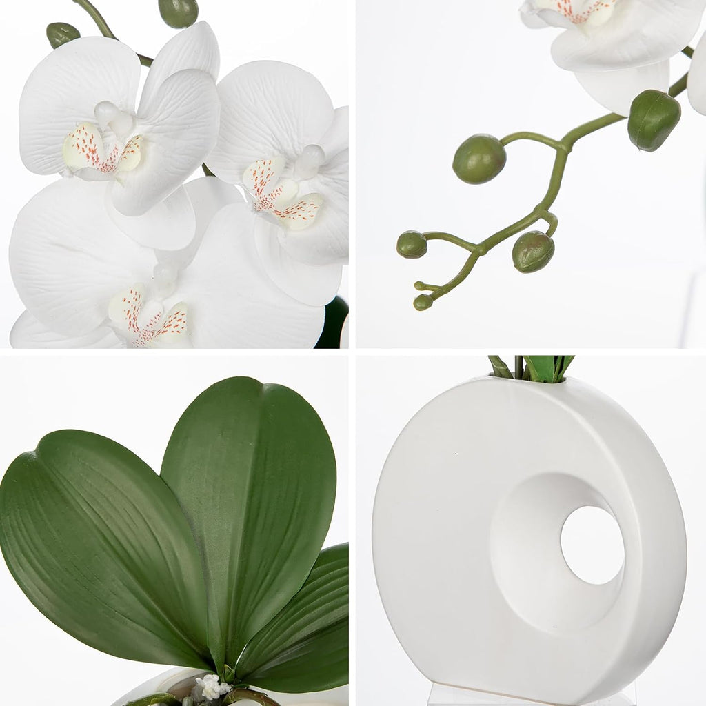 Artificial Orchid White Flowers in Modern Ceramic Vase 15.7" Tall Faux Orchid Arrangement Silk Orchid Flower Fake