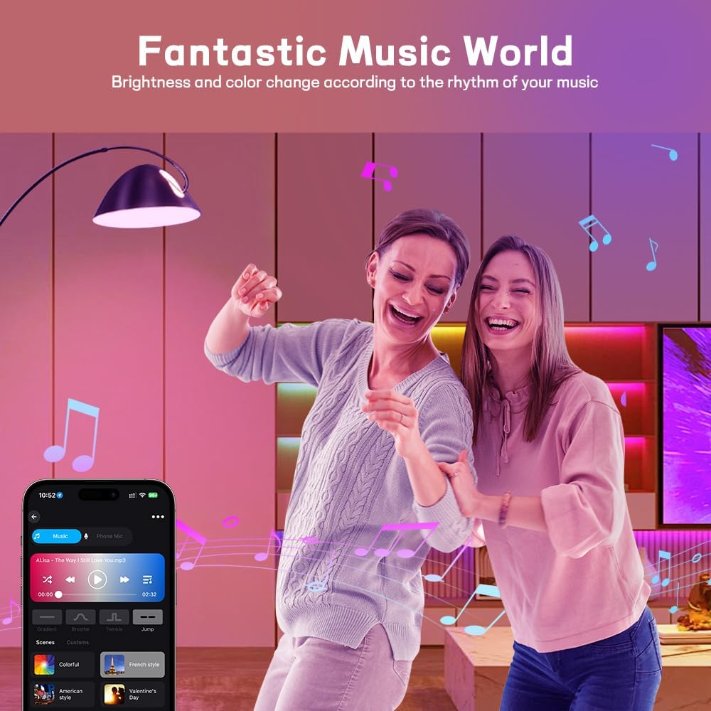 Smart WiFi Bluetooth LED Light Bulbs A19 RGBWW Dimmable Color Changing 800LM 16 Million Colors Music Sync Compatible
