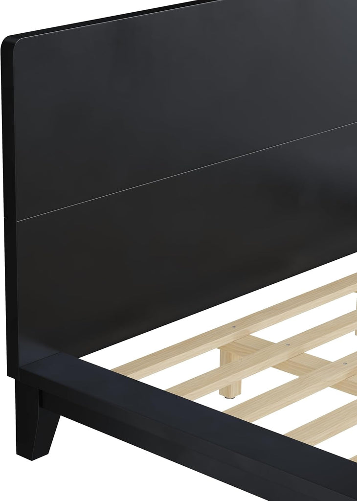 King Size Wooden Bed Frames with Black Headboard, Japanese Pine Wood Platform Bed, Rustic & Mid-Century Modern