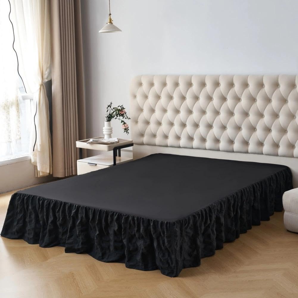 Bed Skirt, Crinkle Textured Stripe Bed Skirt with Platform, Black