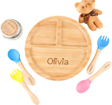 Personalized Natural Bamboo Baby Led Weaning Set with Divided Plate & Silicone Utensils | Non-Toxic Toddler Feeding