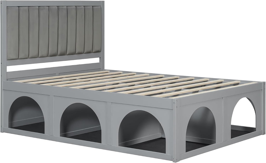 Queen Size Pet-Friendly Platform Bed, with Under-Bed Nook, Heavy Duty Bed Frame, Light Gray