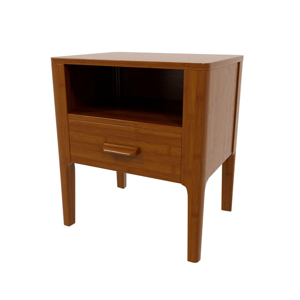 Mid-Century Modern Nightstand with Drawer and Open Shelf, Bamboo Wood Bedside Table, Brown