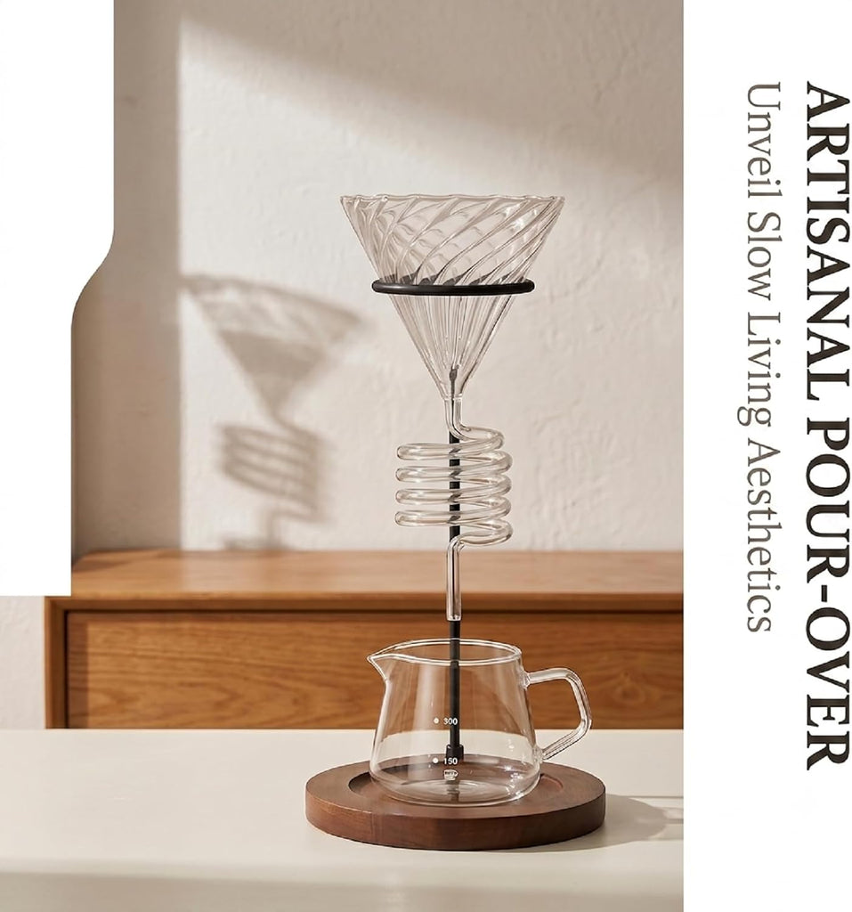 Pour Over Coffee Maker Set - 3PCS Featuring Spiral-Ribbed Dripper, Raised Walnut Wooden Stand, and 400ml Elegant