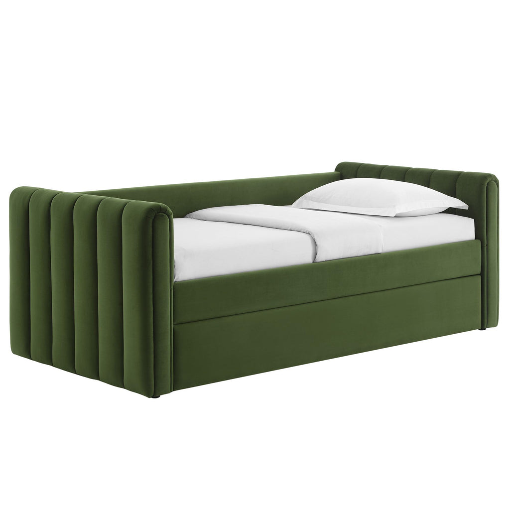 Veyla Twin Size Performance Velvet Daybed in Moss Green with Trundle - Channel Tufted Upholstered Sofa Bed with Wood