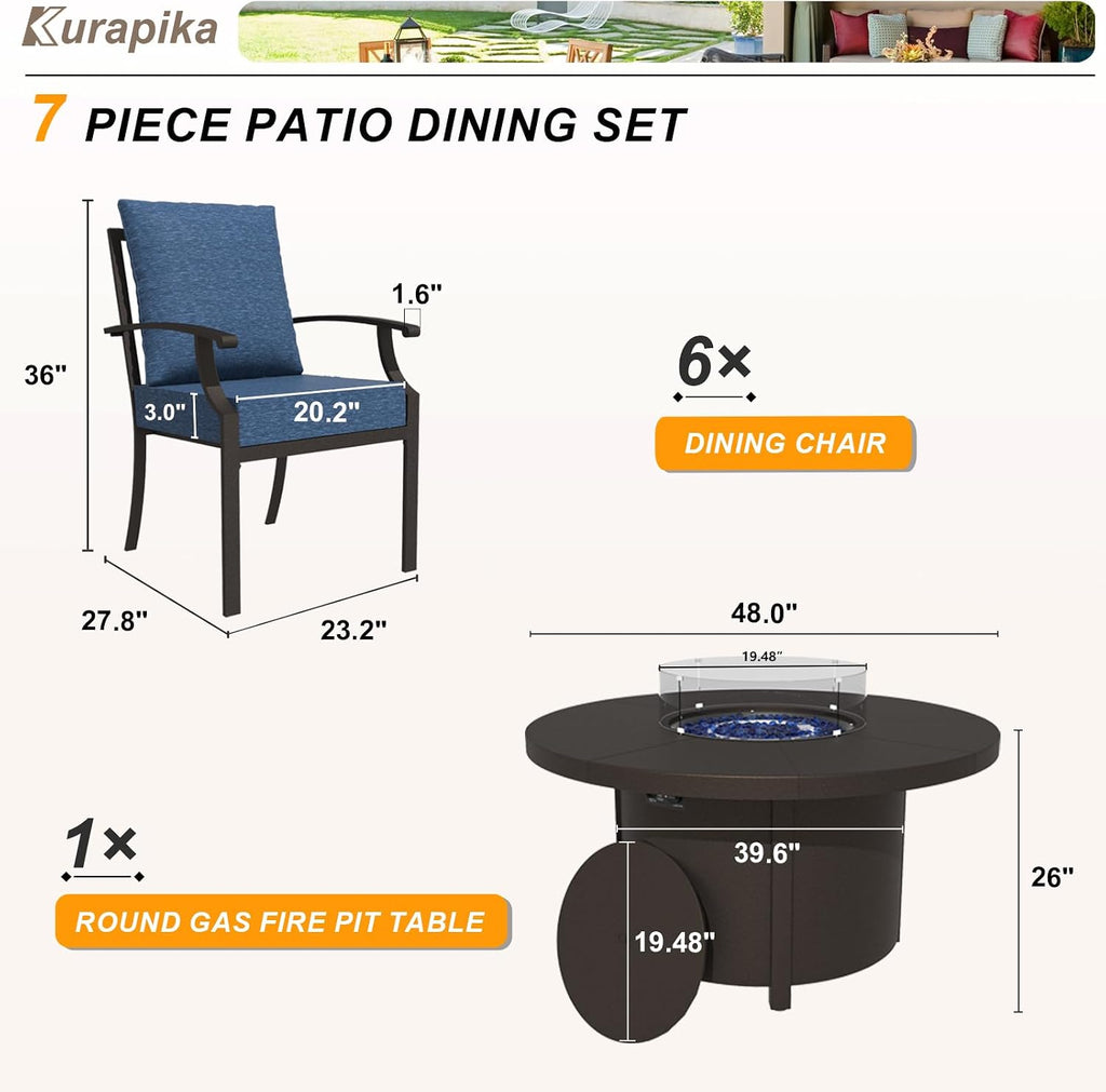 7 Piece Metal Outdoor Patio Furniture Set with 48" Round Fire Pit Table, Patio Conversation Sets 6 Fixed Chairs with