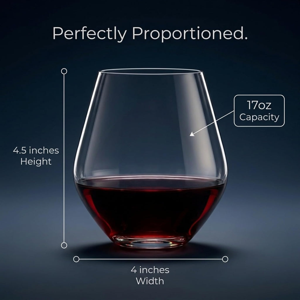Wine Glasses, Stemless Wine Glasses, Red Wine Drinking Glasses, Stemless Wine Glass - 17oz, Set of 4 - Made in Europe