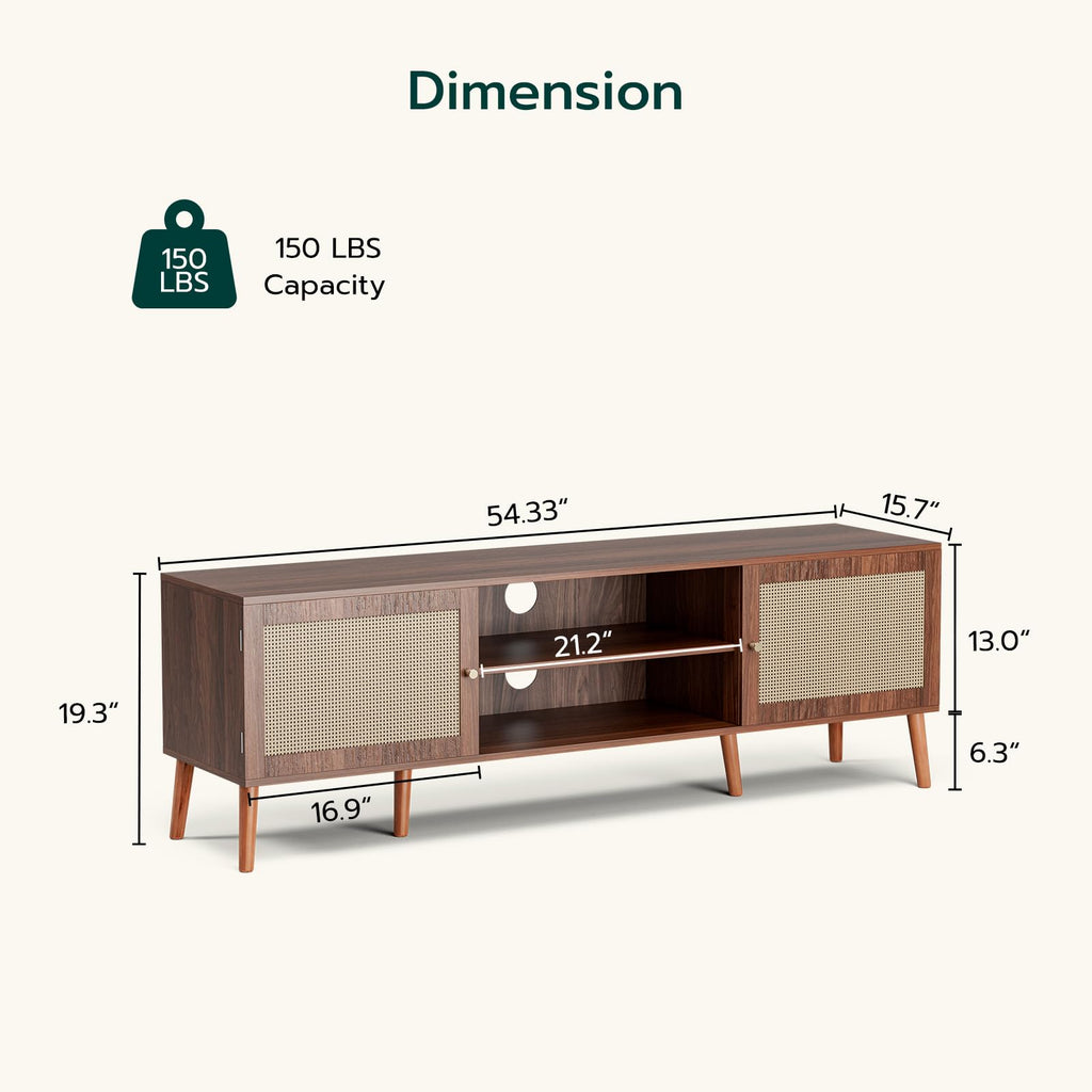 TV Stand with Rattan Doors for TVs up to 65", Mid-Century, Walnut