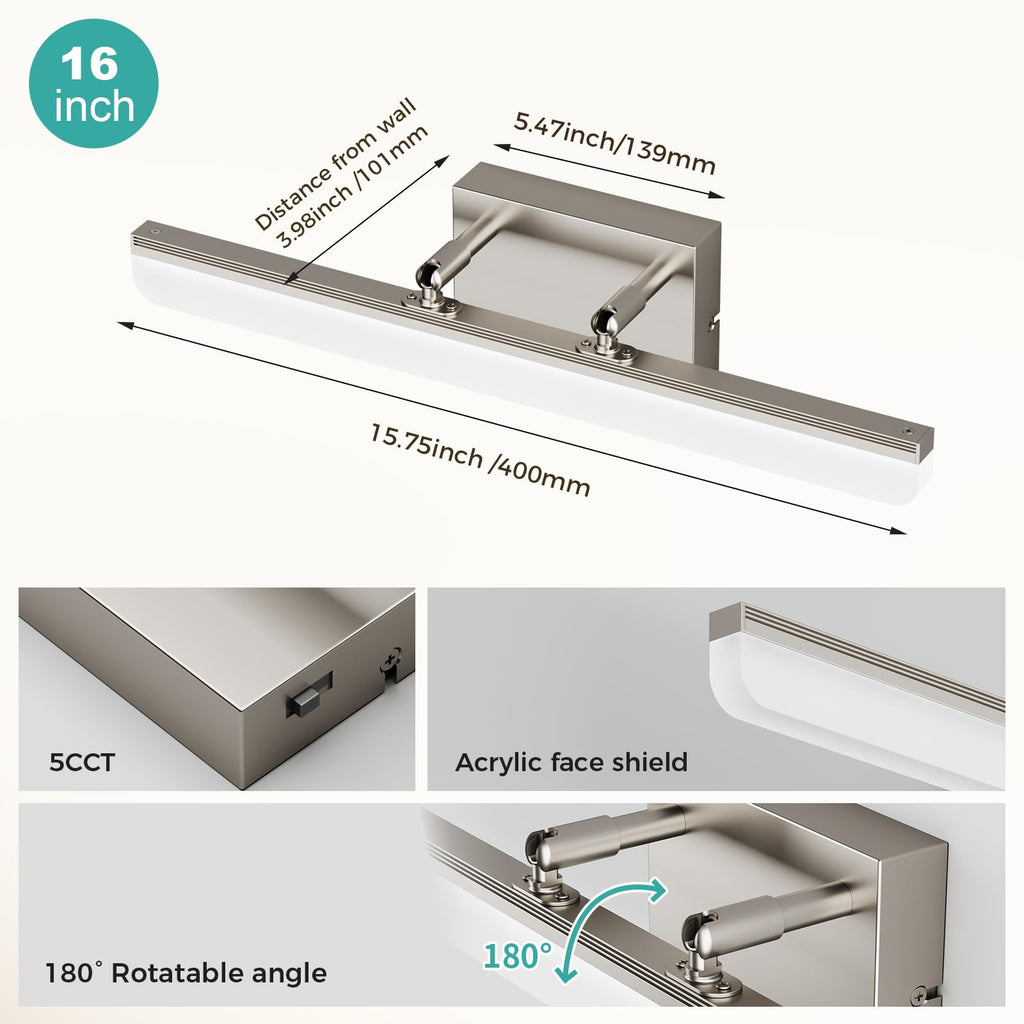 Brushed Nickel Vanity Light, 15.7" Dimmable LED Bathroom Light Bar with 5CCT, Adjustable Angle - Modern Wall Lighting