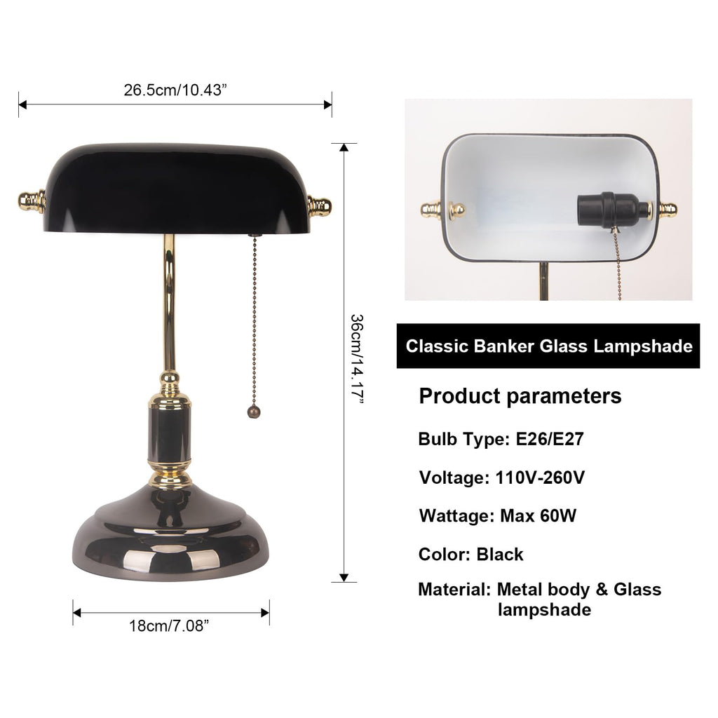 Bankers Desk Lamp with Pull Chain Switch Plug in Fixture, Black Glass Shade Desk Lamps, Golden and Black E26 Base