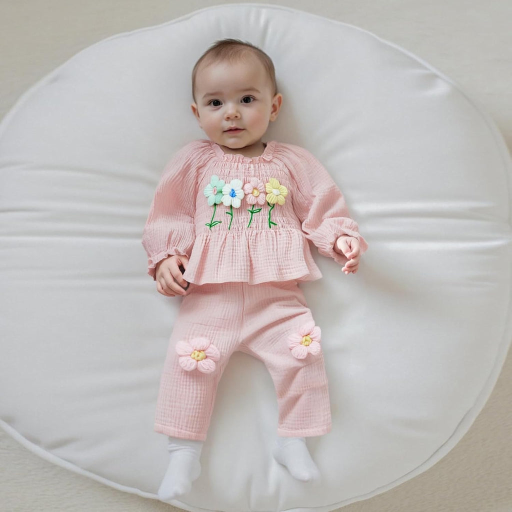 Toddler Baby Girl Outfits Infant Puff Sleeve Smocked Floral Tops Pants Cute Kids Girls Fall Winter Clothes Set