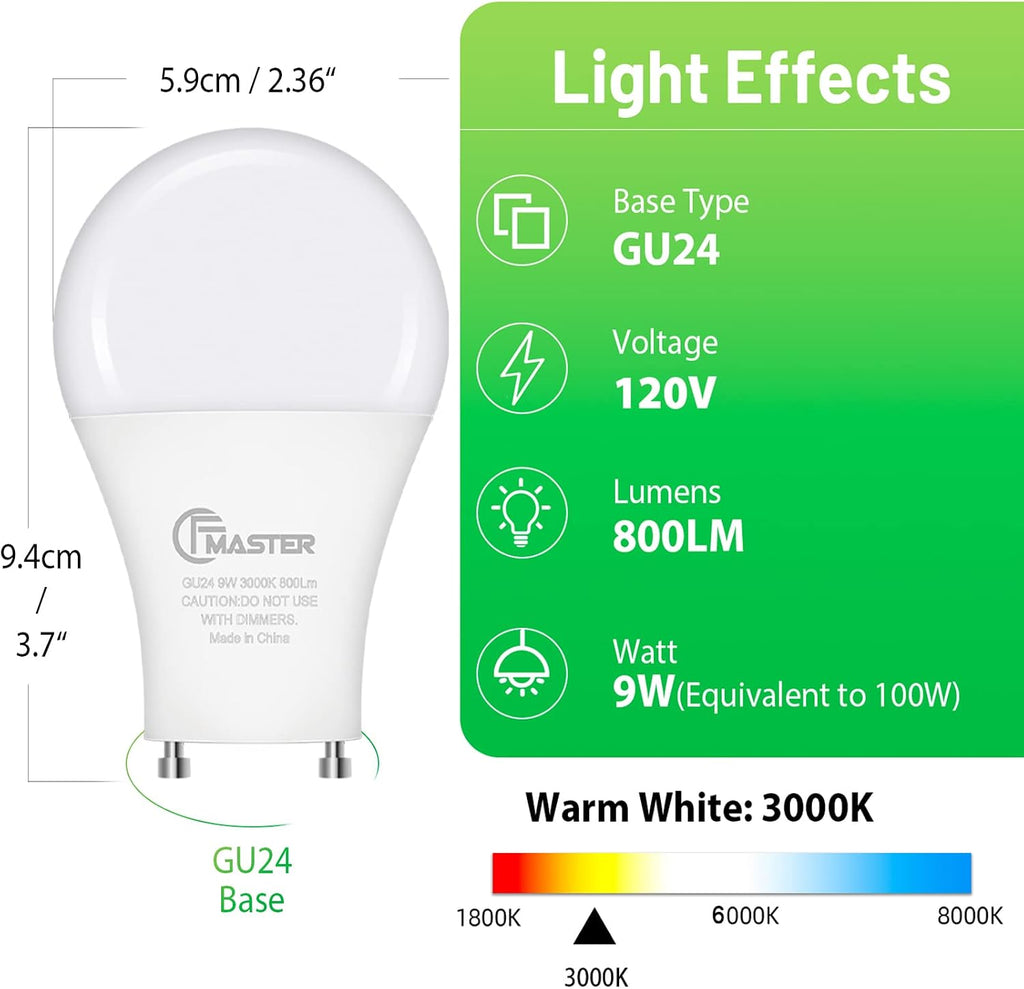 GU24 LED Llight Bulb, 3000K Warm White, 9W(100W Equivalent), 800 Lumens, A19 Shape GU24 LED Bulbs, Twist and Lock