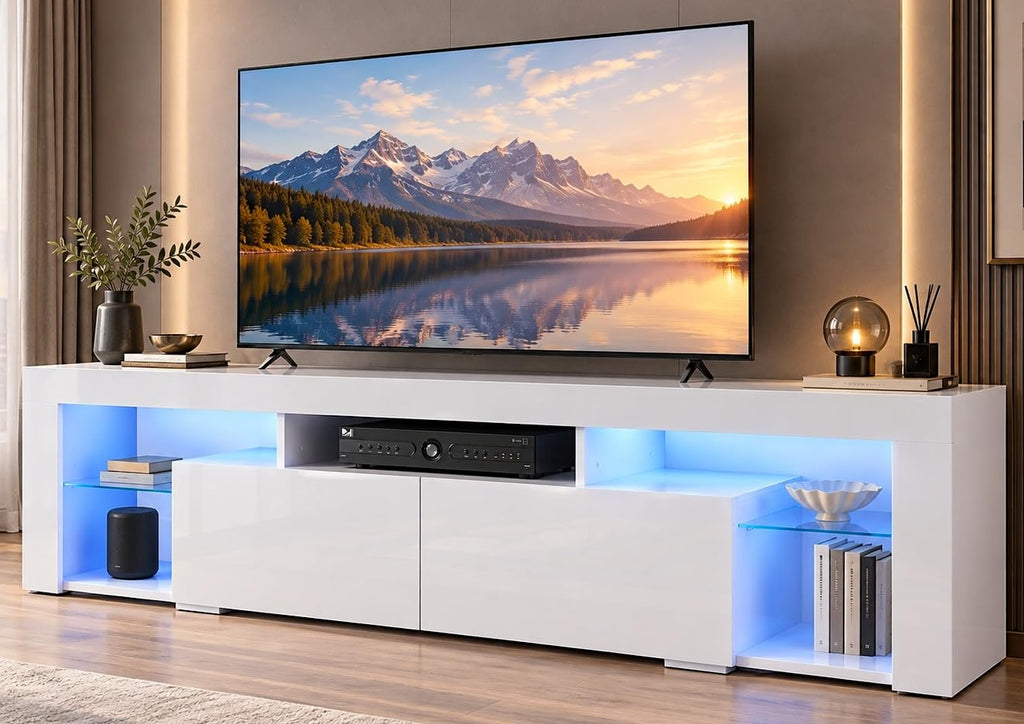 63 Inch TV Stand for 55/65/70 Inch TVs, Modern Entertainment Center with 20 LED Lights & 2 Large Storage Drawers