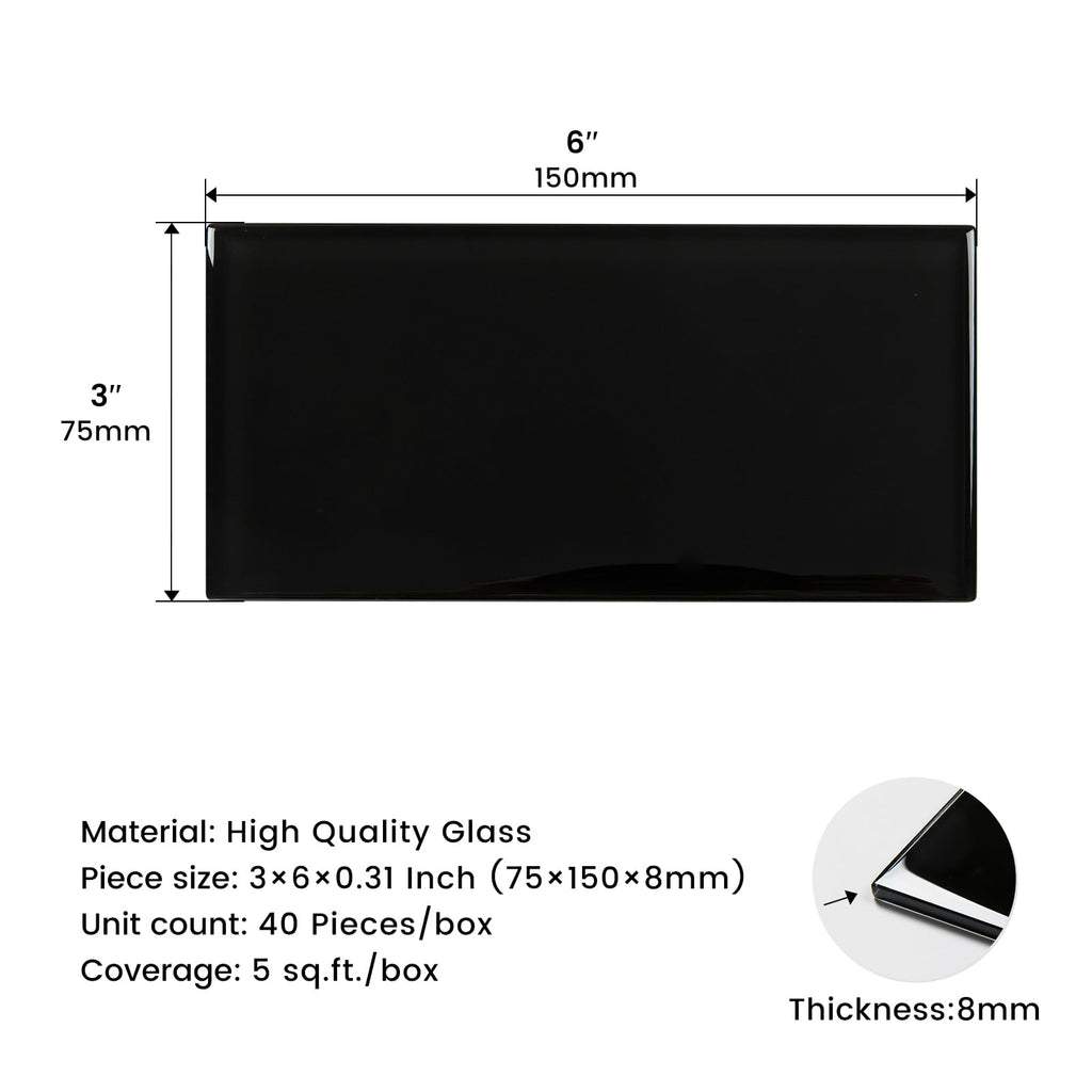 Glass Subway Tile Black 3 x 6 Inch Glass Backsplash Backsplash Bathroom Shower Wall Pack of 32 Sheets